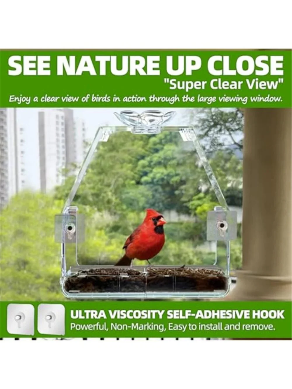 New Window Bird Feeder with Non-Marking Self-Adhesive Hooks, Clear and